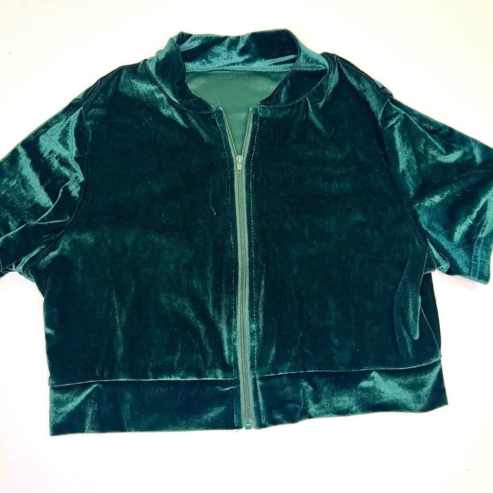 Emerald Green Velvet Velour Y2K Cropped Zip Front Top - Cropped Jacket